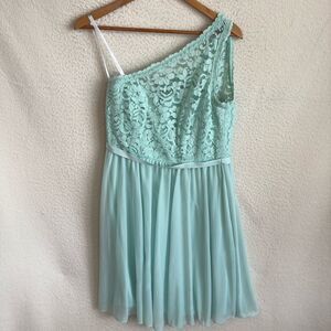 Davids Bridal Short One Shoulder Corded Lace Dress F15711‎ Womens Size 10 Mint